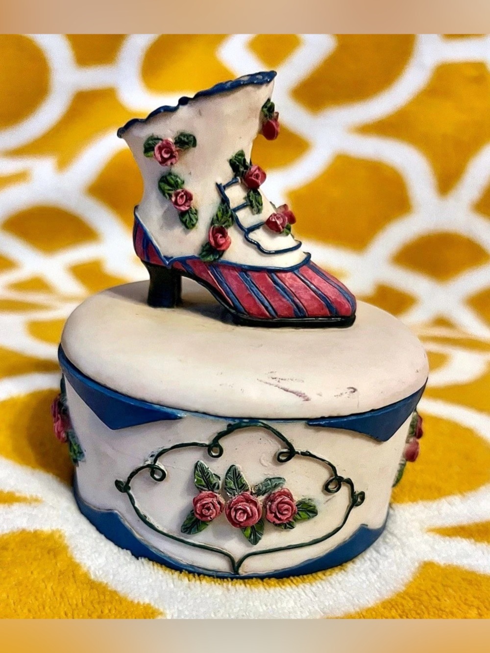 Victorian Boot Shoe Trinket Box w/ Shoe Figurine Lid, Roses, White/Blue Trim